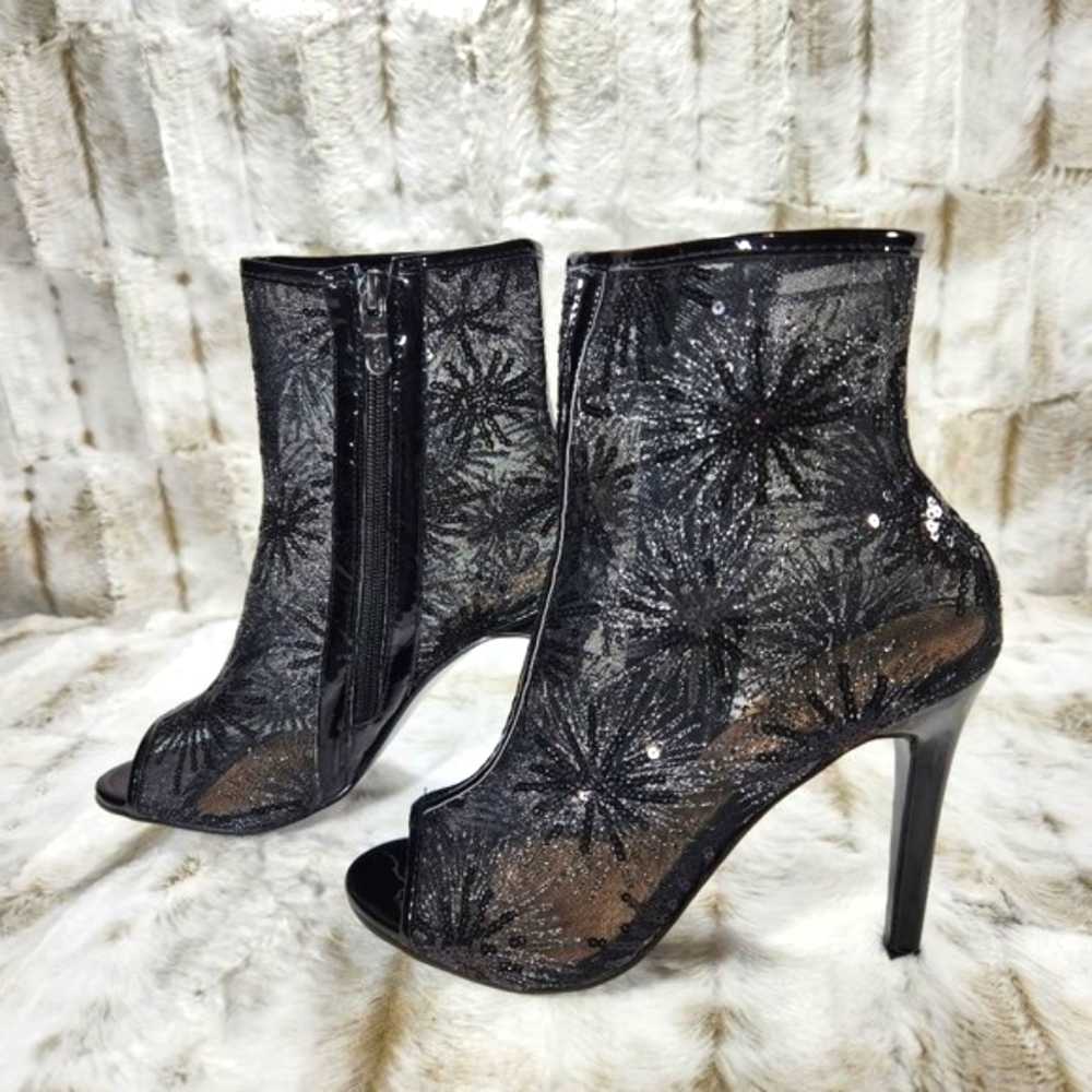 ☆ Mack J Black Mesh Starburst Sequin High Heel Ankle Boots - Picture 5 of 12